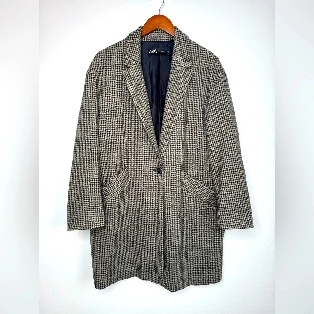 Zara Micro Check Cotton Blend Houndstooth One Button Longline Car‎ Coat Blazer